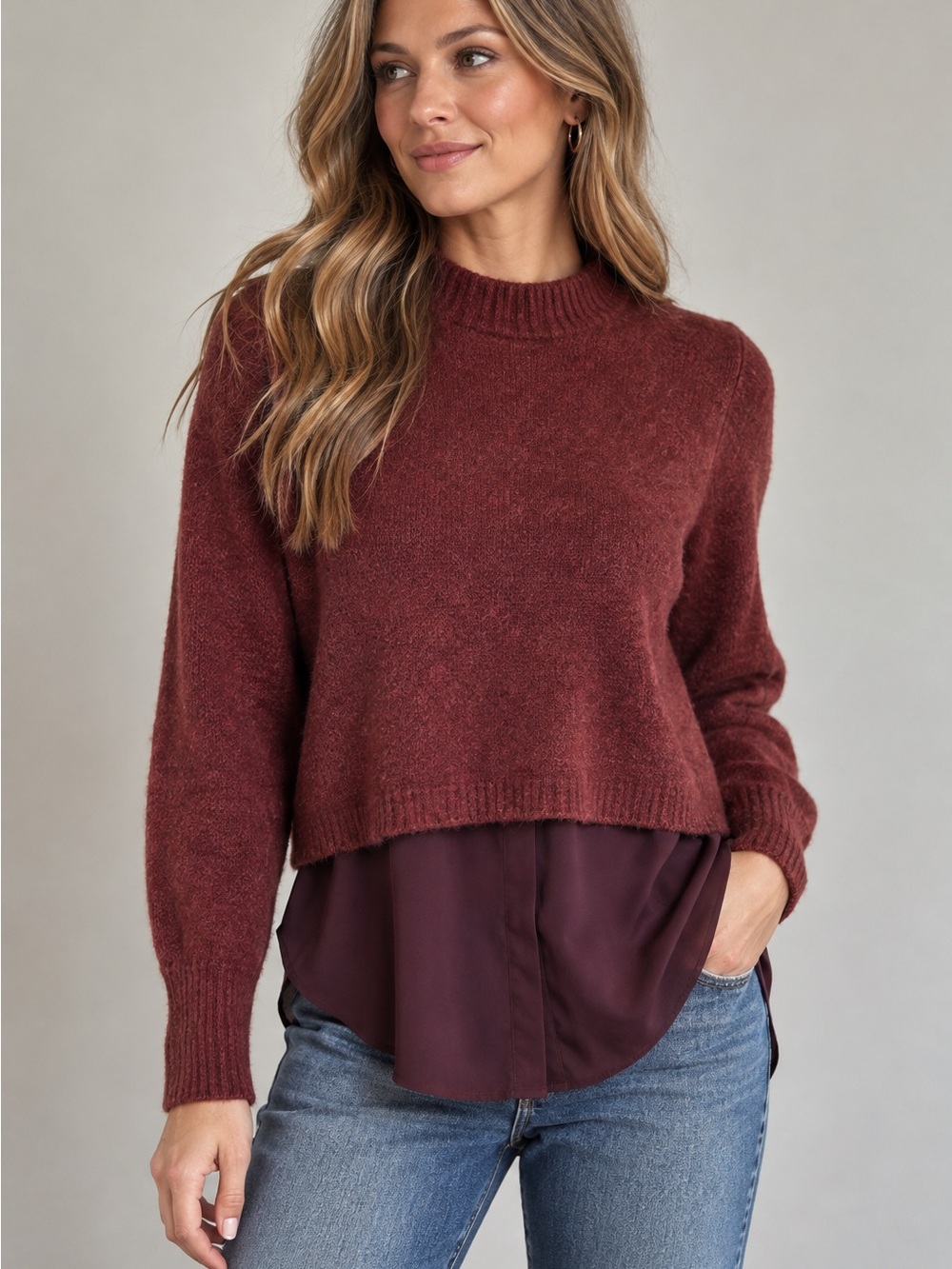 AllSaints Cropped Crew Sweater Wool Blend in Burgundy